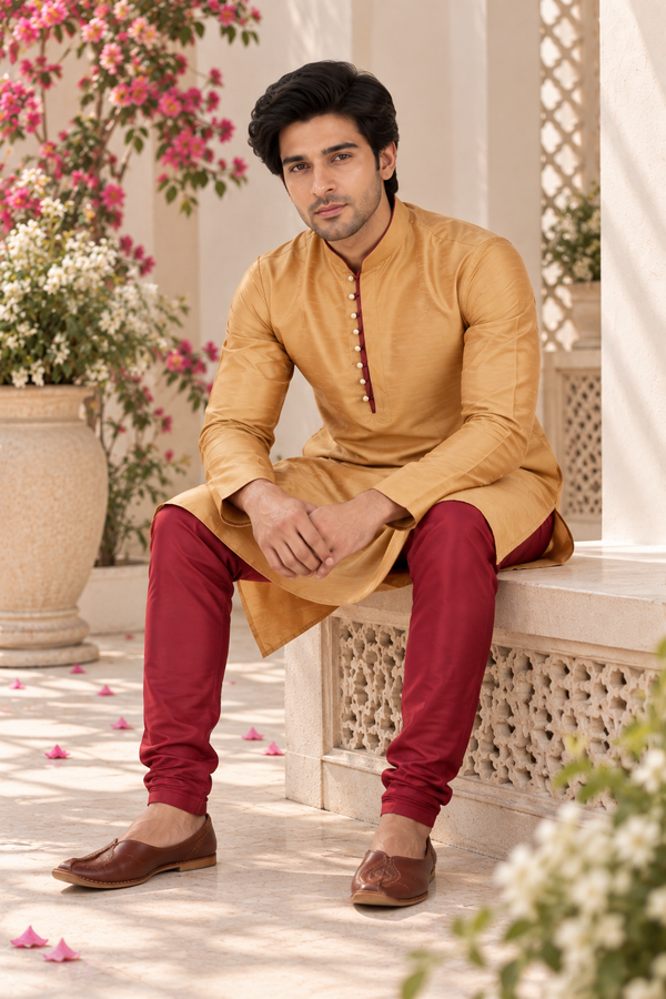 Indian designer men's kurta, gold and burgundy, size L