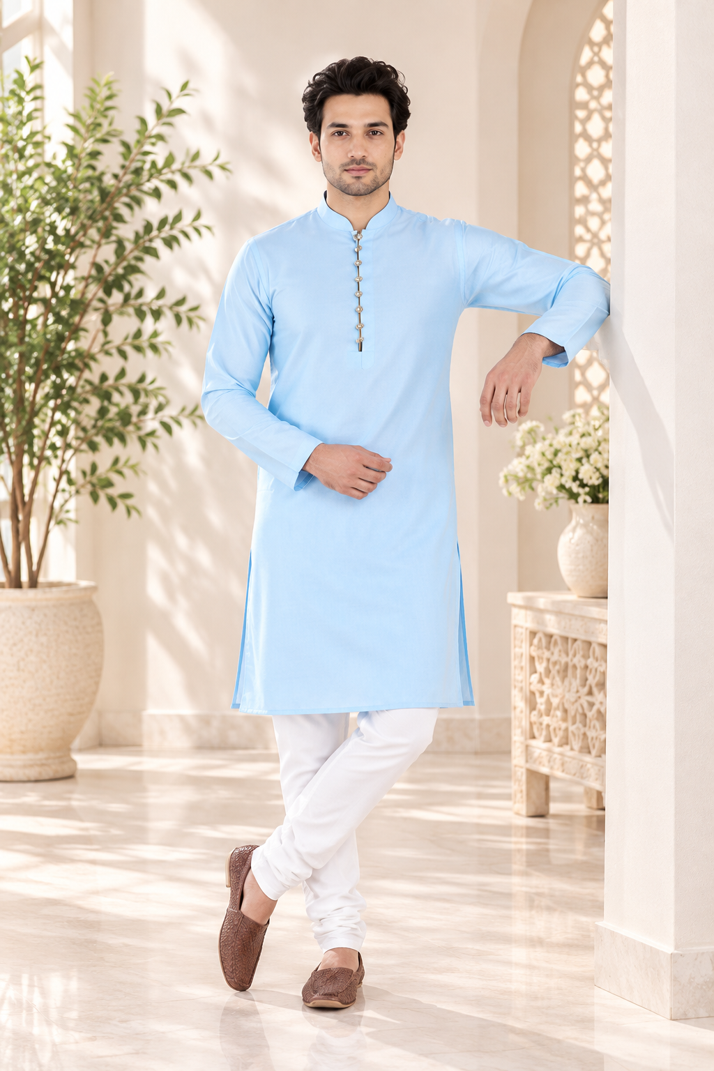 Blue and white Indian kurta for men, size XL