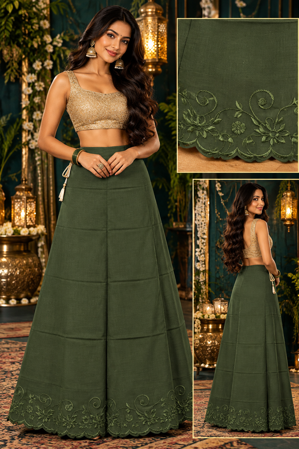 Bollywood désigner sari jupon vert coton taille 34/44 Image principale du produit