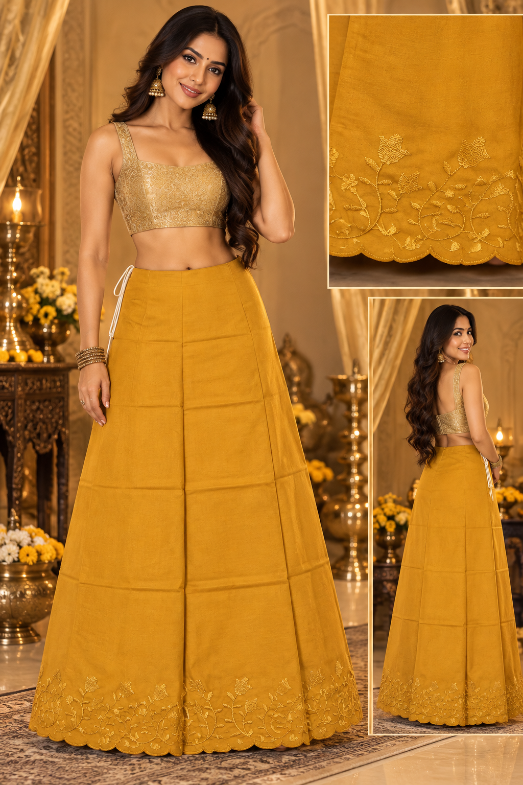Bollywood saree jupon jaune coton brodé taille 34/44 Image principale du produit