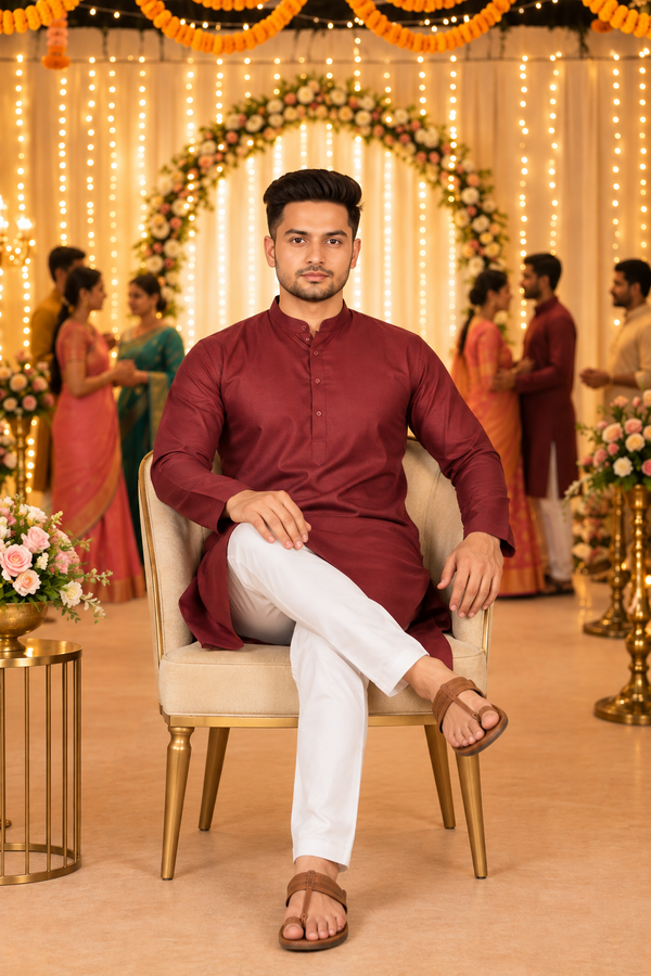 Men's burgundy cotton Indian kurta