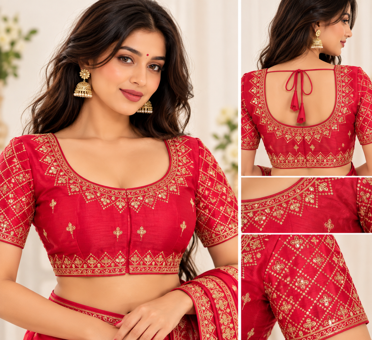 Indian désigner sari blouse rouge brodé taille 40