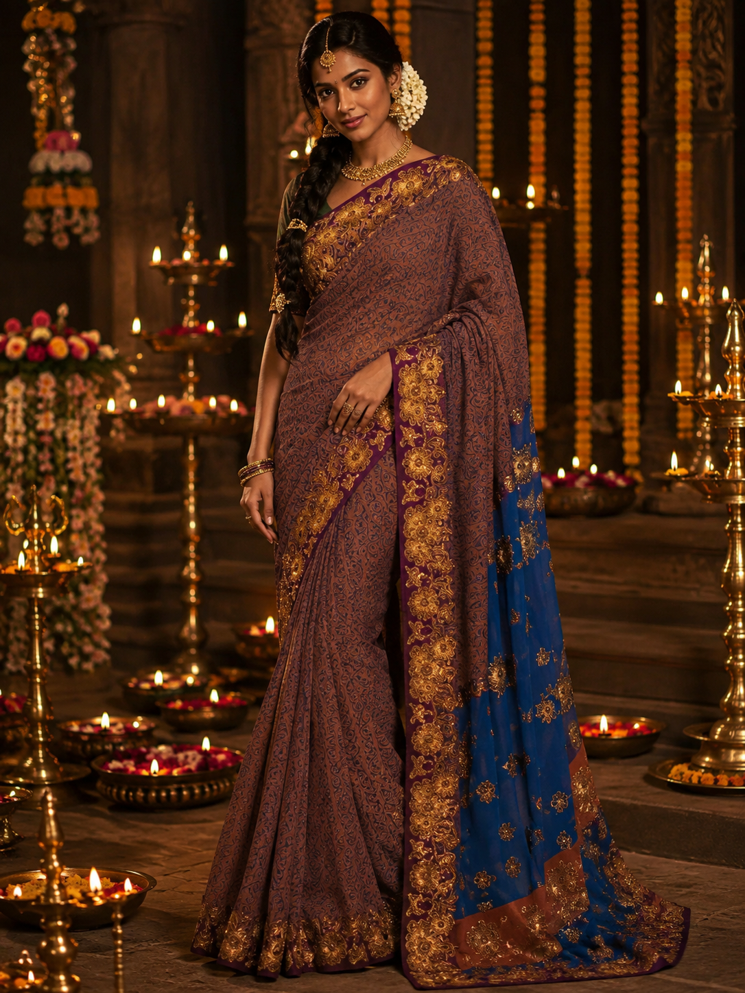 Bollywood désigner sari marron brodé sans blouse