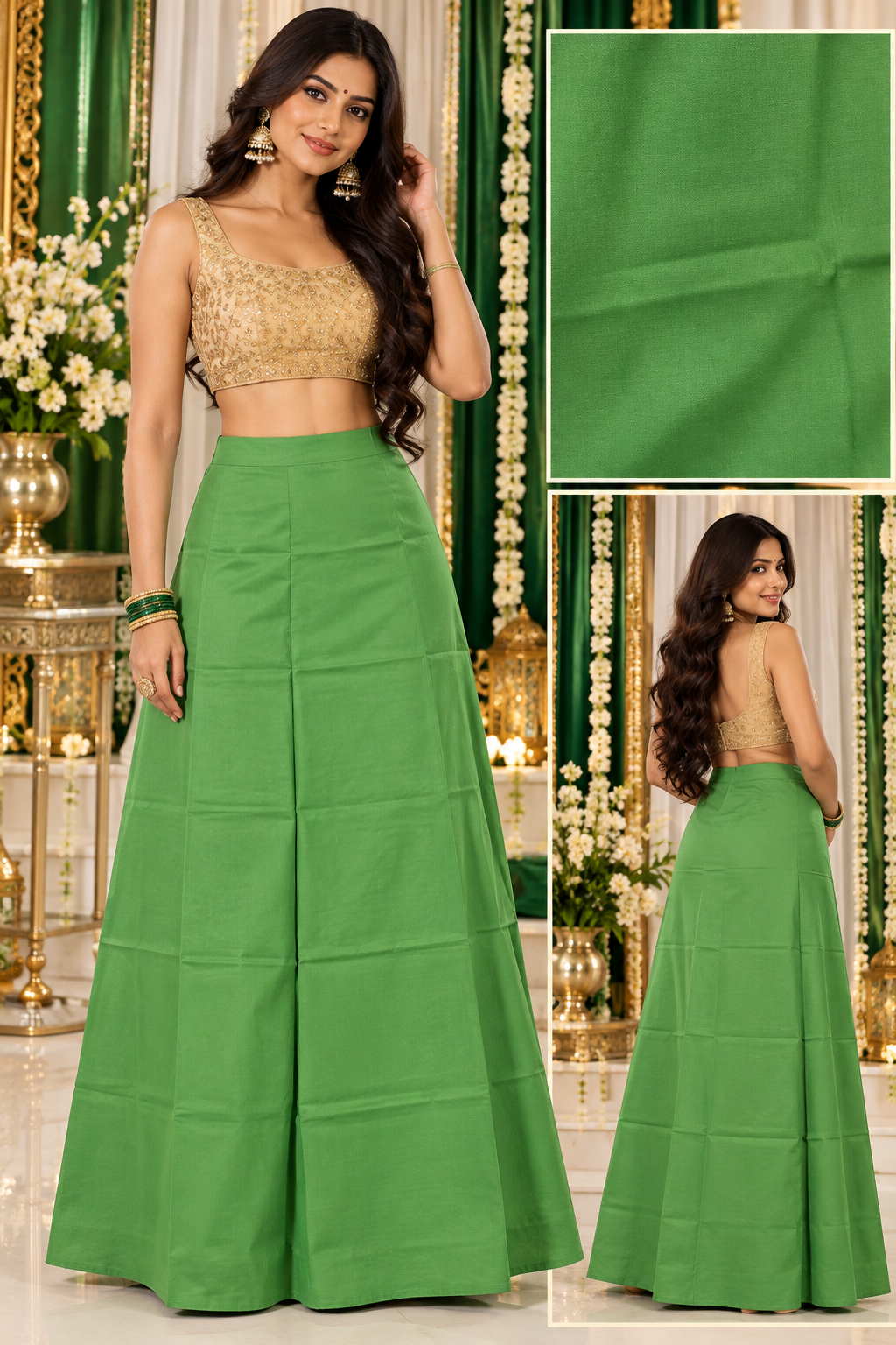 Bollywood désigner sari jupon vert coton taille 34/44 Image principale du produit