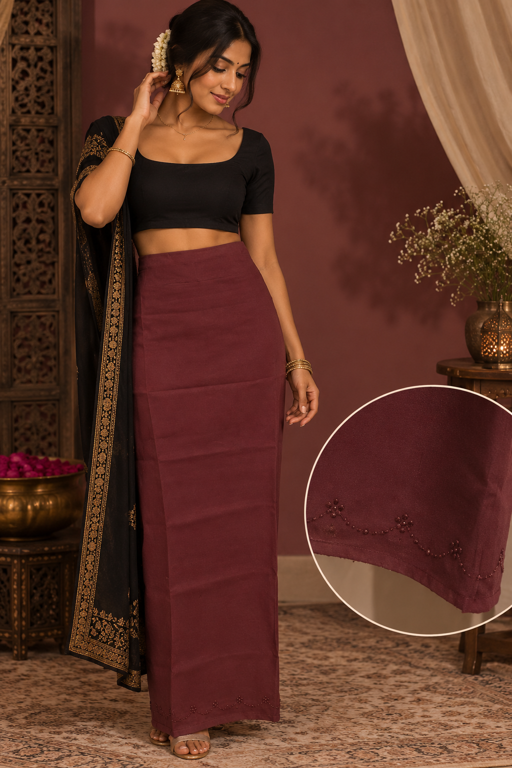 Bollywood sari jupon bordeaux coton taille 34/44 Image principale du produit