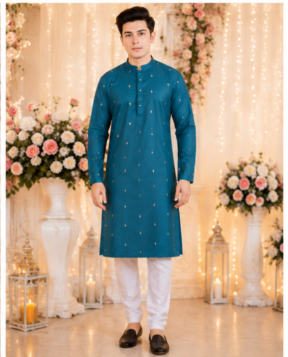 Indian kurta homme bleu vert et blanc