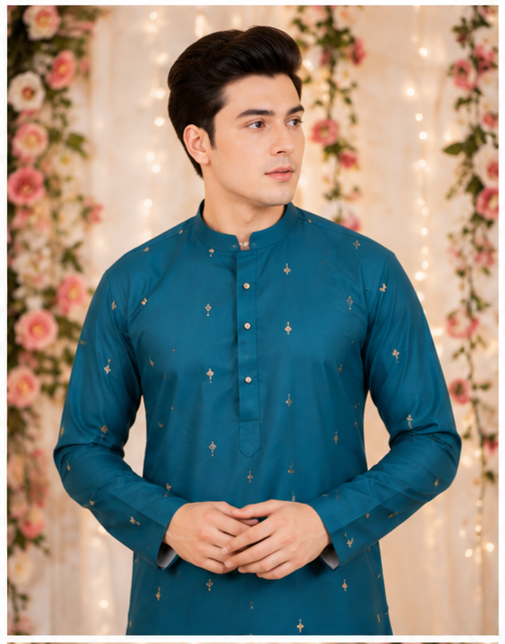 Indian kurta homme bleu vert et blanc