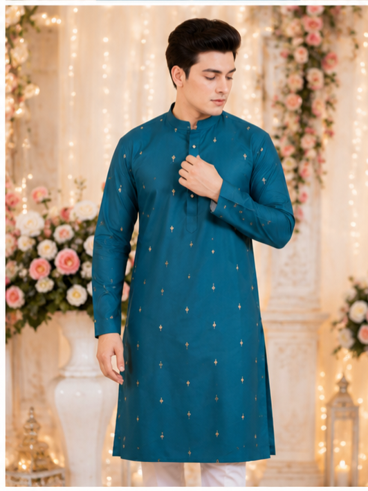 Indian kurta homme bleu vert et blanc Image secondaire du produit