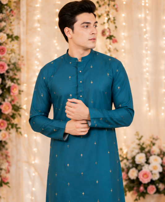 Indian kurta homme bleu vert et blanc