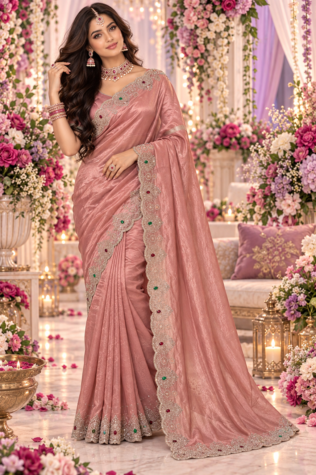 Bollywood désigner sari rose avec des pierres georgette Image principale du produit