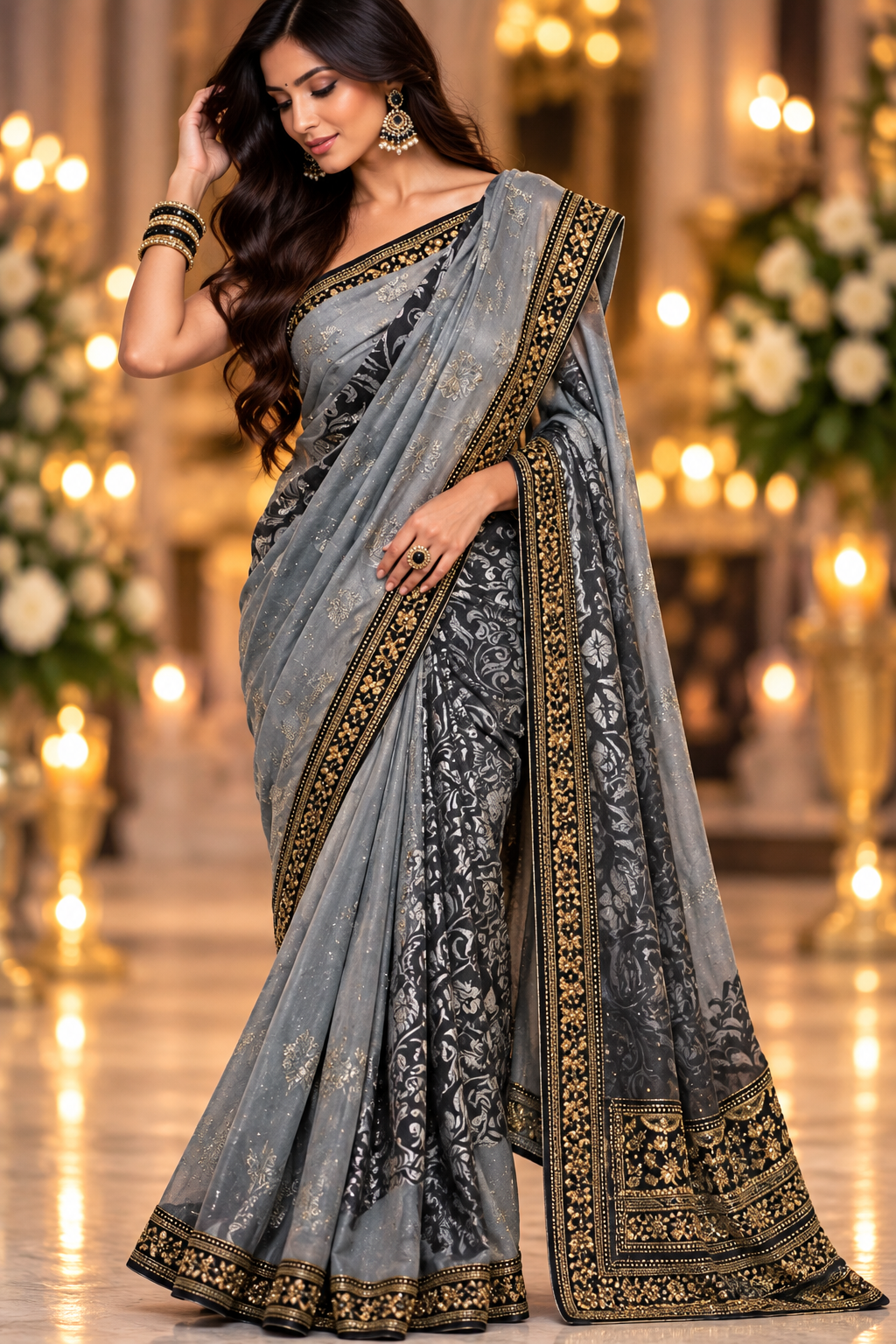 Indian sari gris et noir brodé sans blouse Image principale du produit