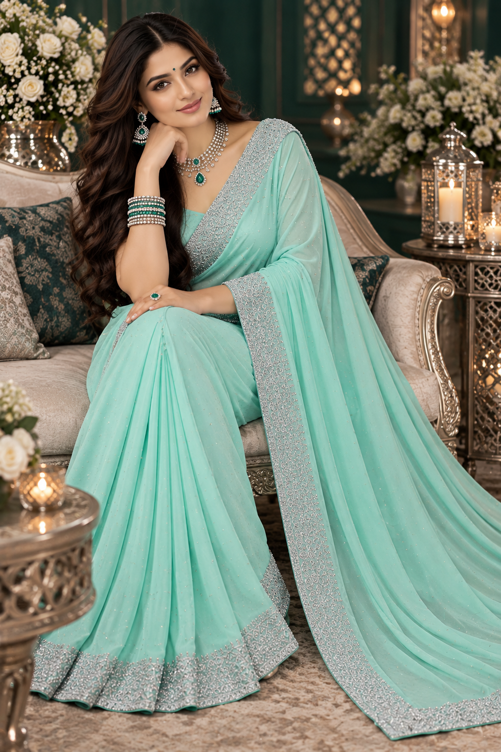 Bollywood désigner sari vert menthe pastel avec des pierres argenté Image secondaire du produit