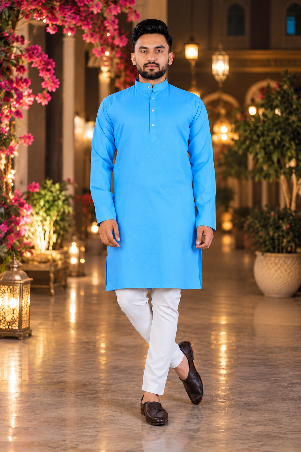Indian kurta homme bleu blanc taille XL