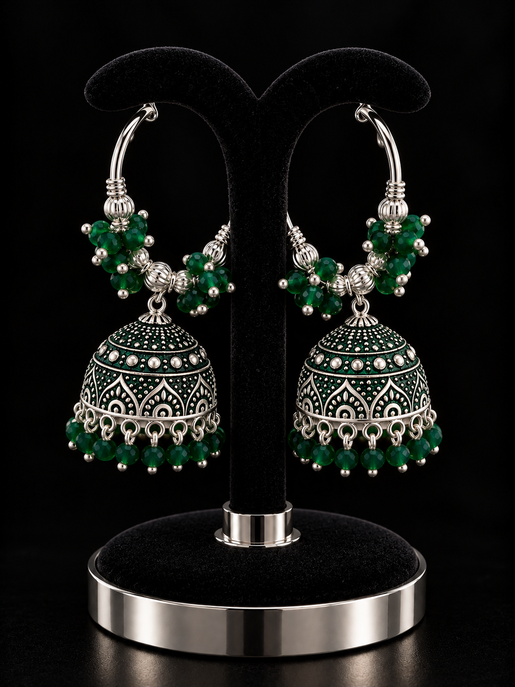Indian boucles d'oreilles vert et argenté avec des perles
