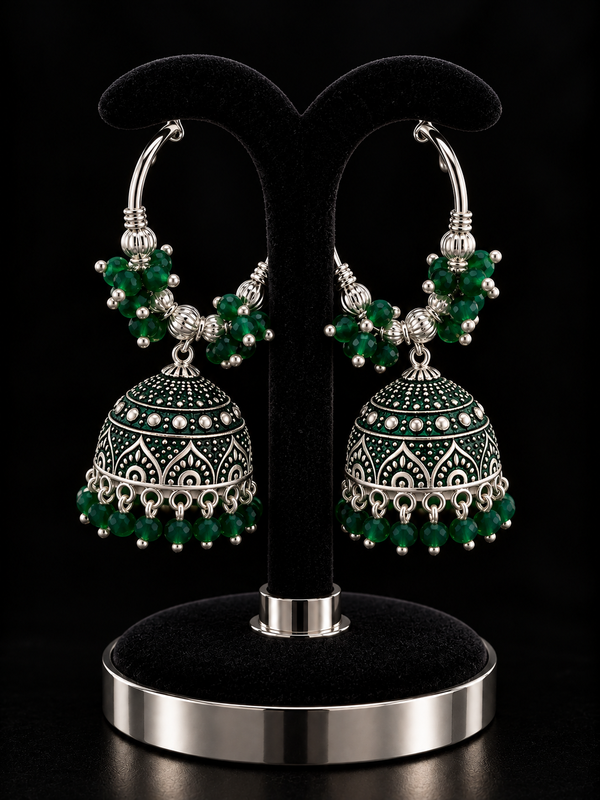 Indian boucles d'oreilles vert et argenté avec des perles