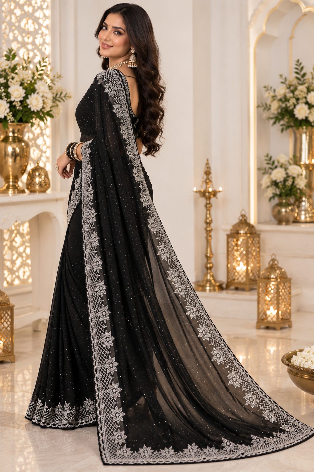 Bollywood désigner sari noir avec des pierres argenté