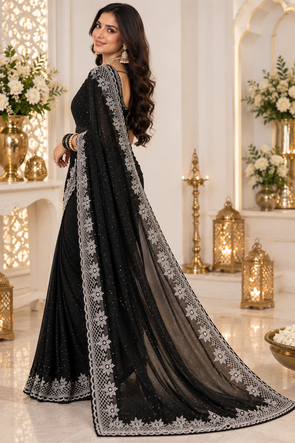 Bollywood désigner sari noir avec des pierres argenté