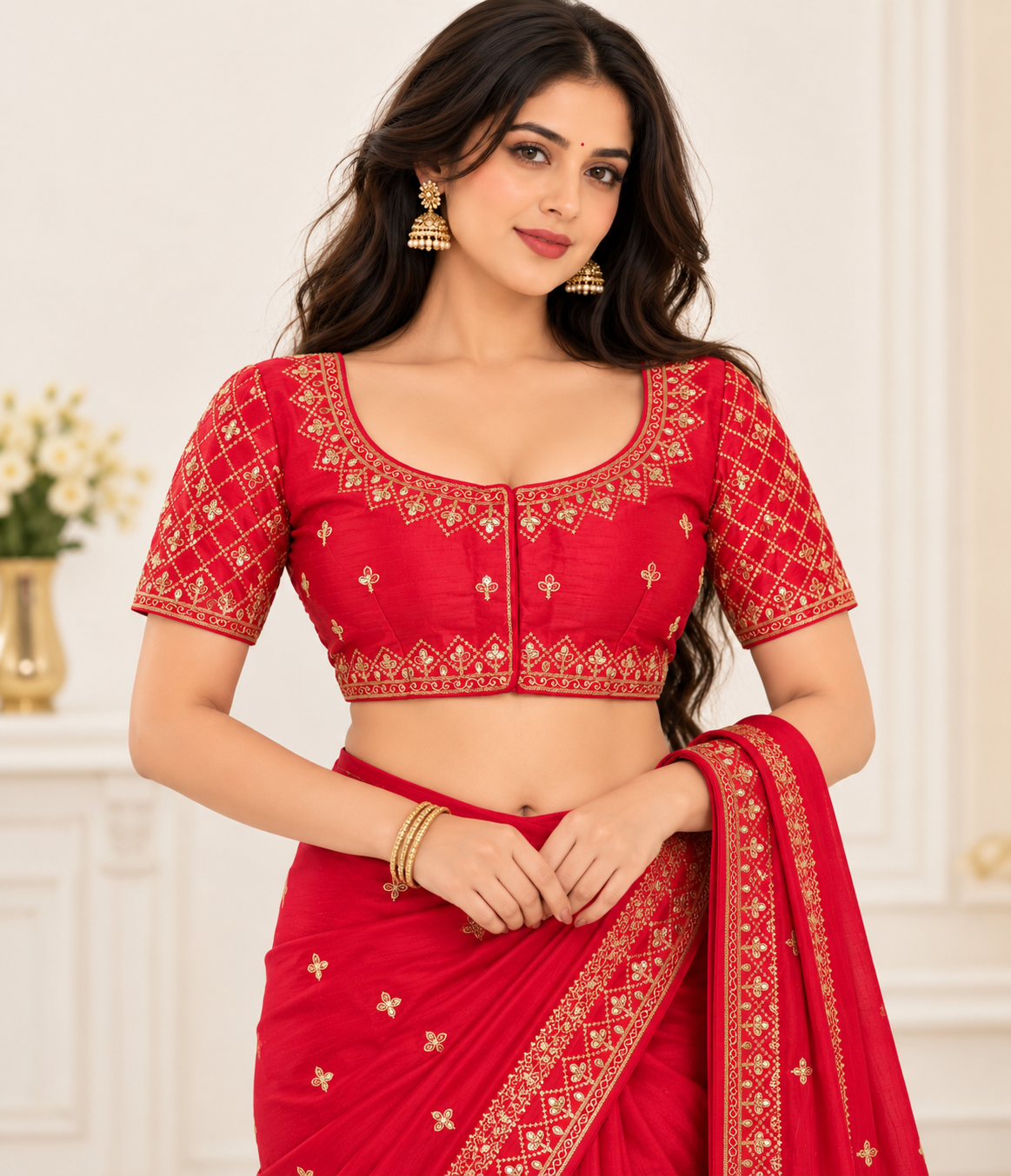 Indian designer red embroidered sari blouse size 40 Main image