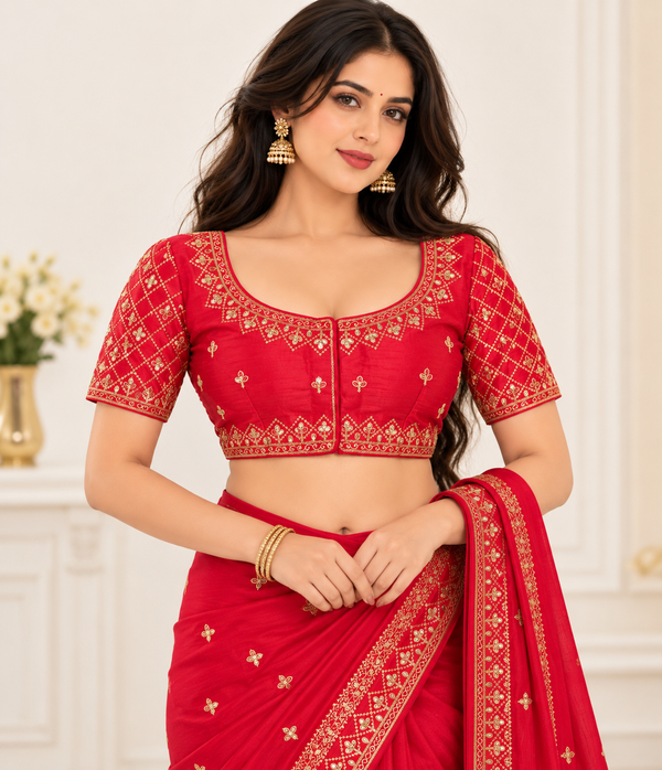 Indian désigner sari blouse rouge brodé taille 40