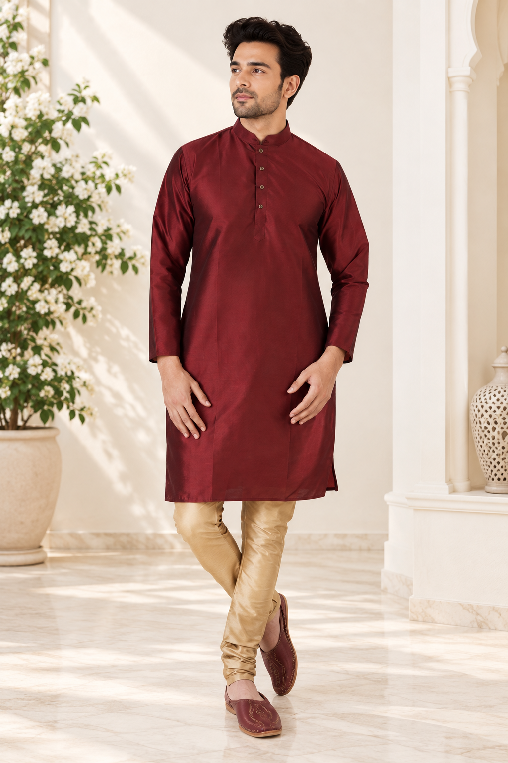 Men's burgundy and gold Indian designer kurta, size XL