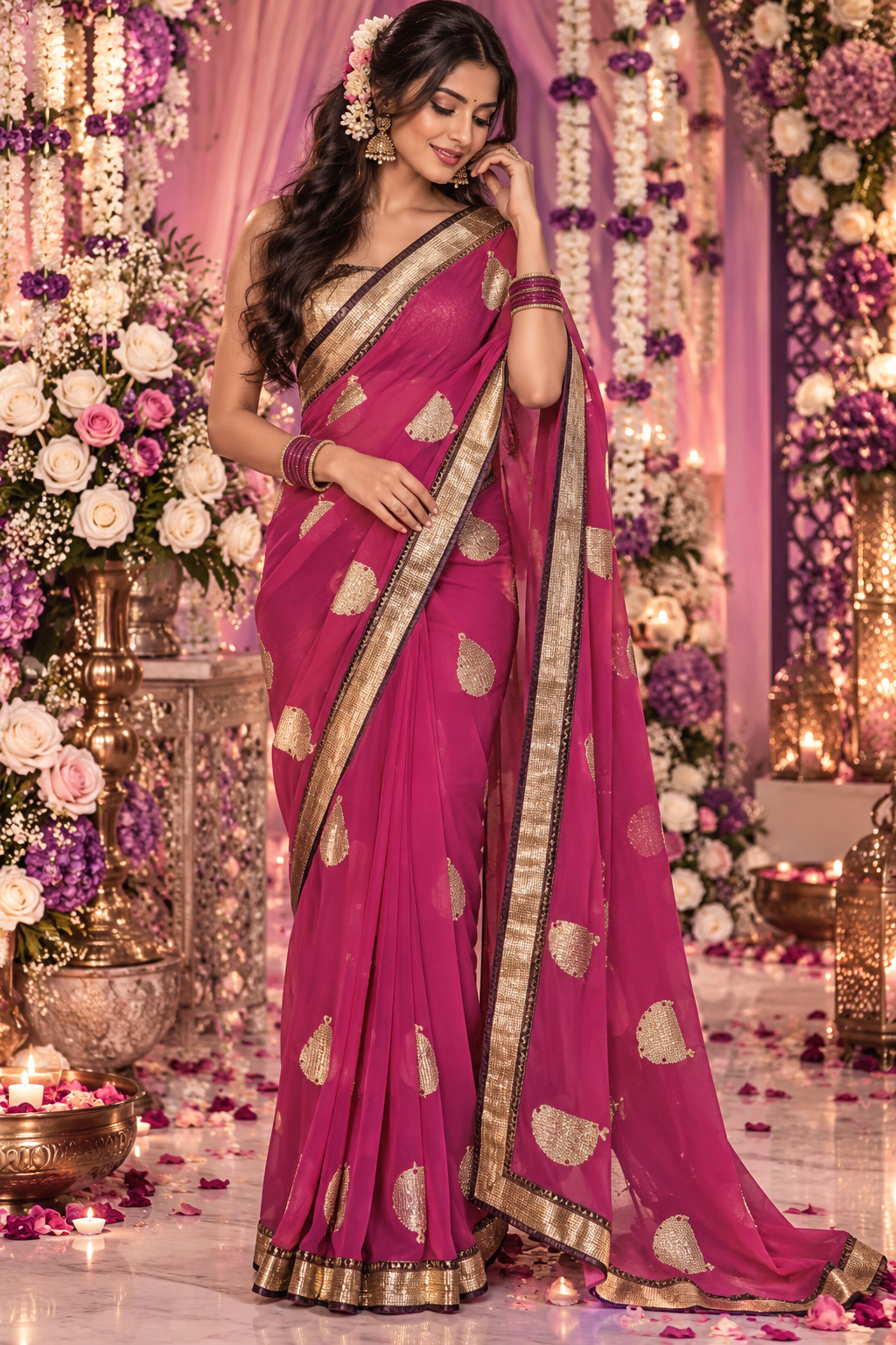 Bollywood désigner sari rose et doré sans blouse