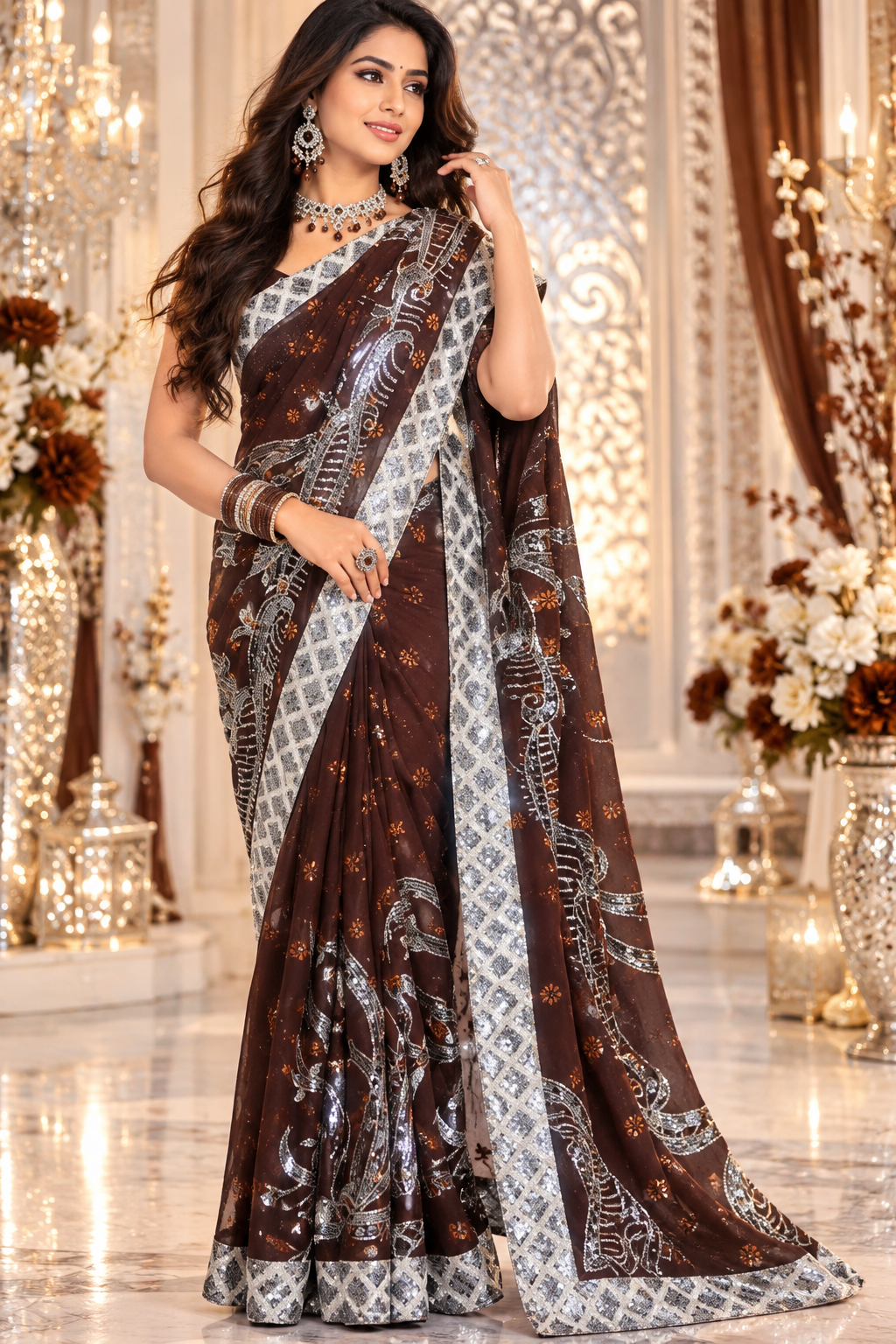Indian désigner sari marron et argenté sans blouse Image principale du produit
