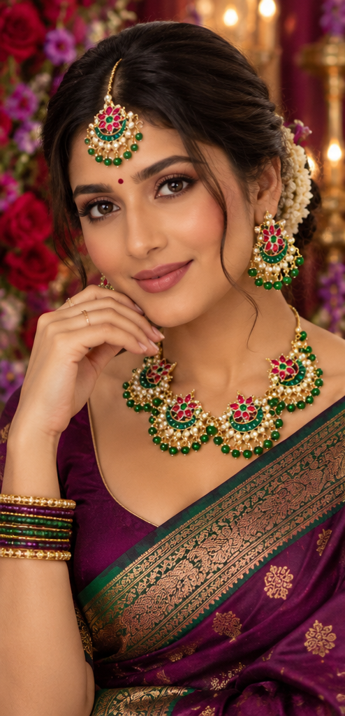 Bollywood design wedding sari set green and pink 3 pieces