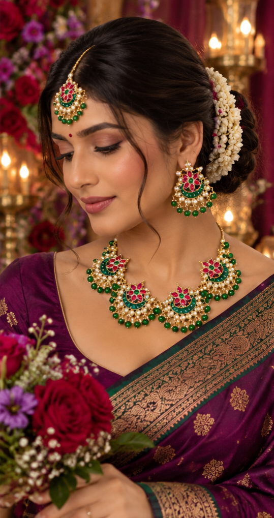 Bollywood design wedding sari set green and pink 3 pieces