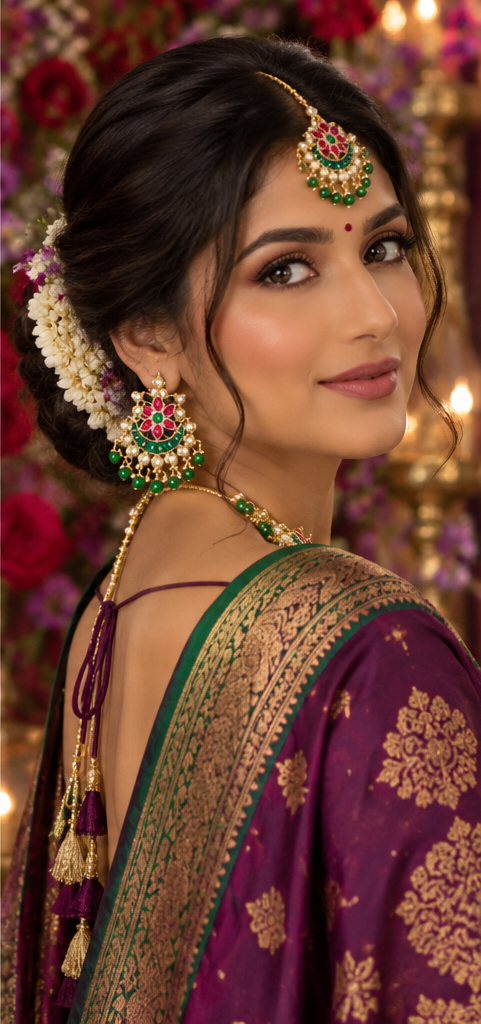 Bollywood design wedding sari set green and pink 3 pieces