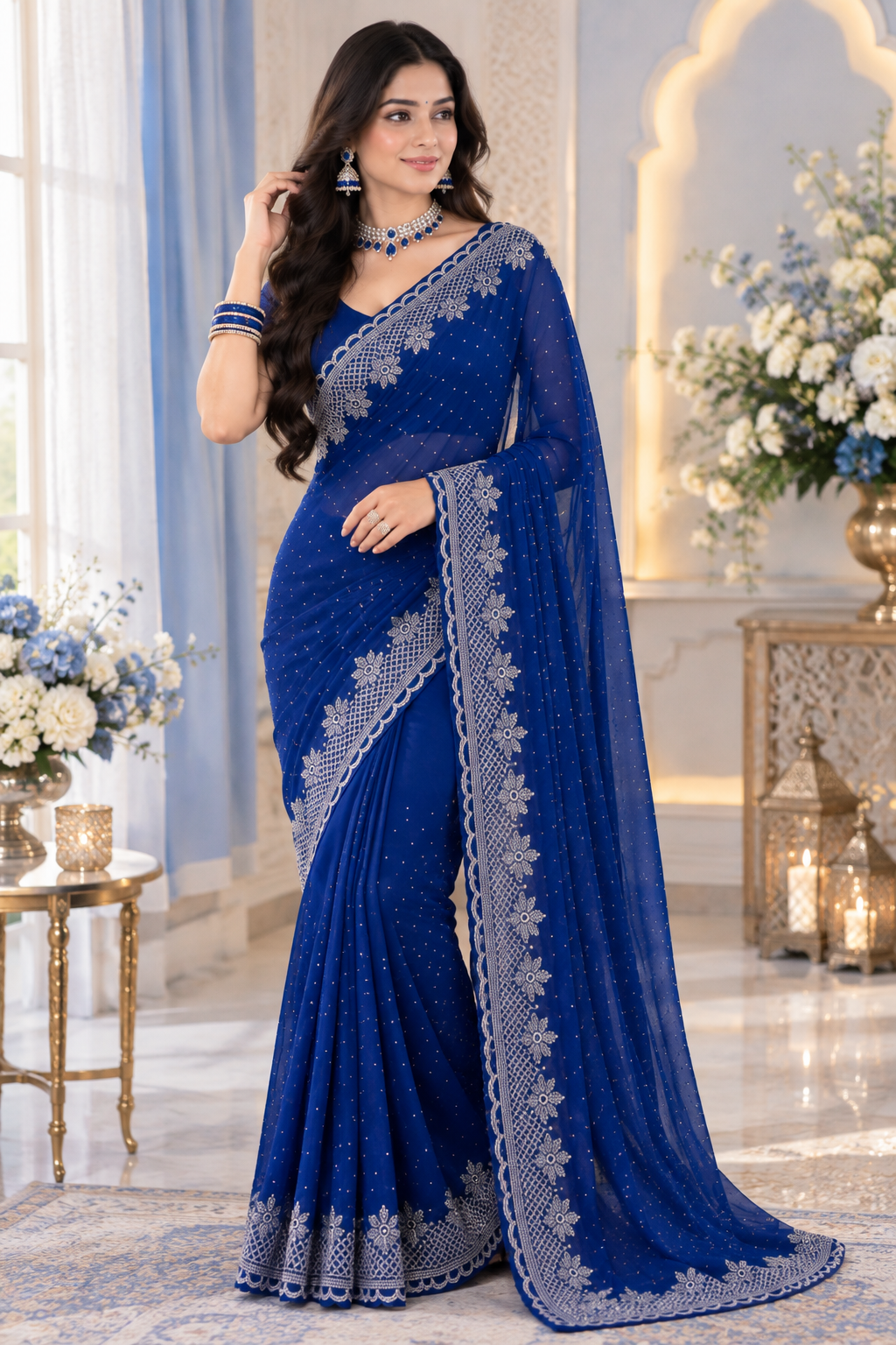 Bollywood désigner sari bleu avec des pierres argenté georgette Image principale du produit