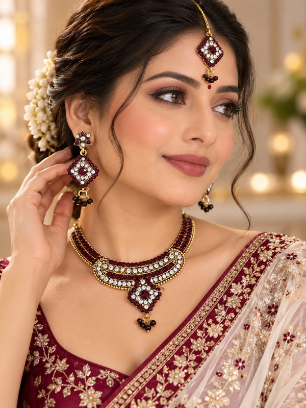 Indian necklace set bordeaux et blanc
