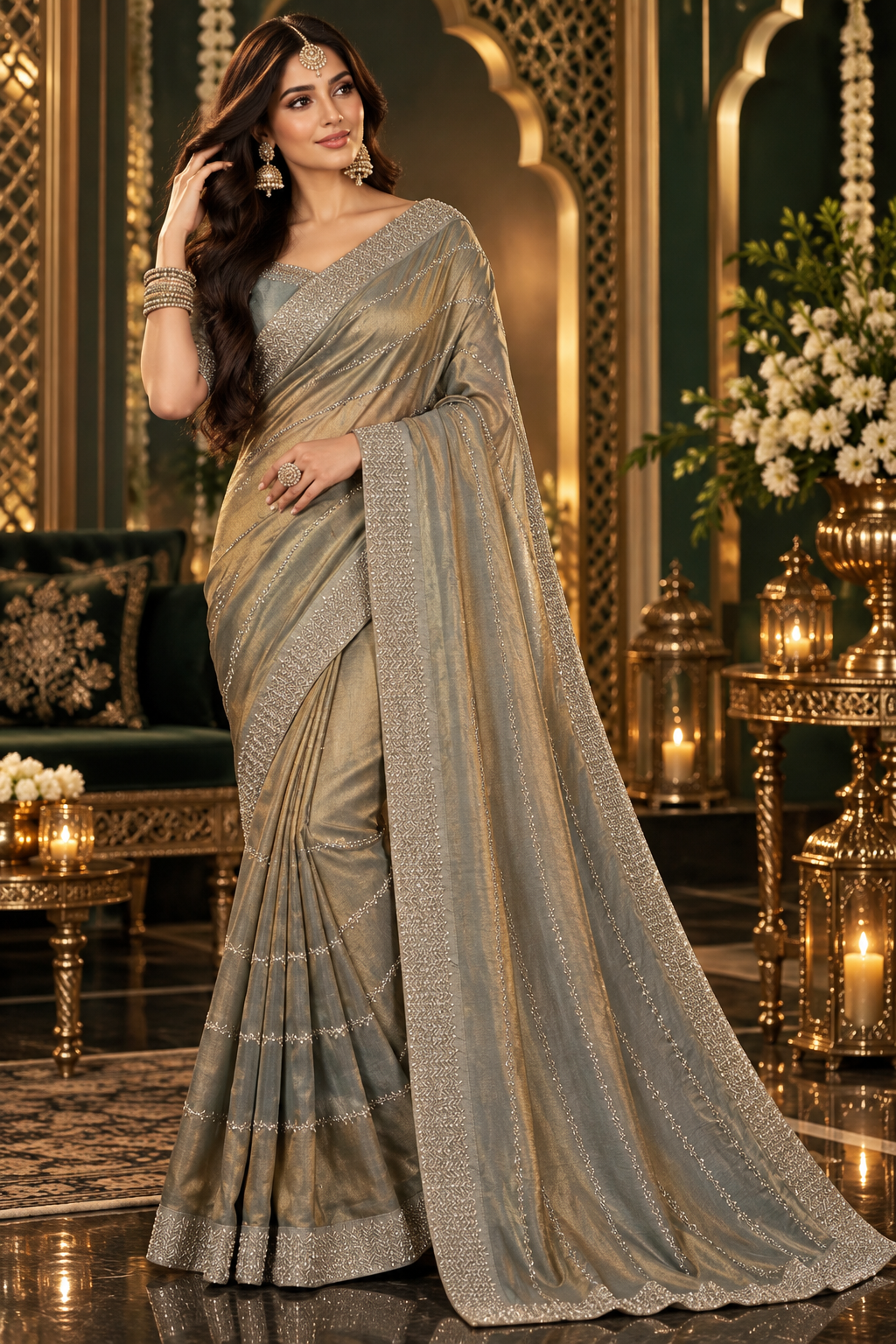 Bollywood désigner mariage sari gris taupe avec des sequins Image principale du produit