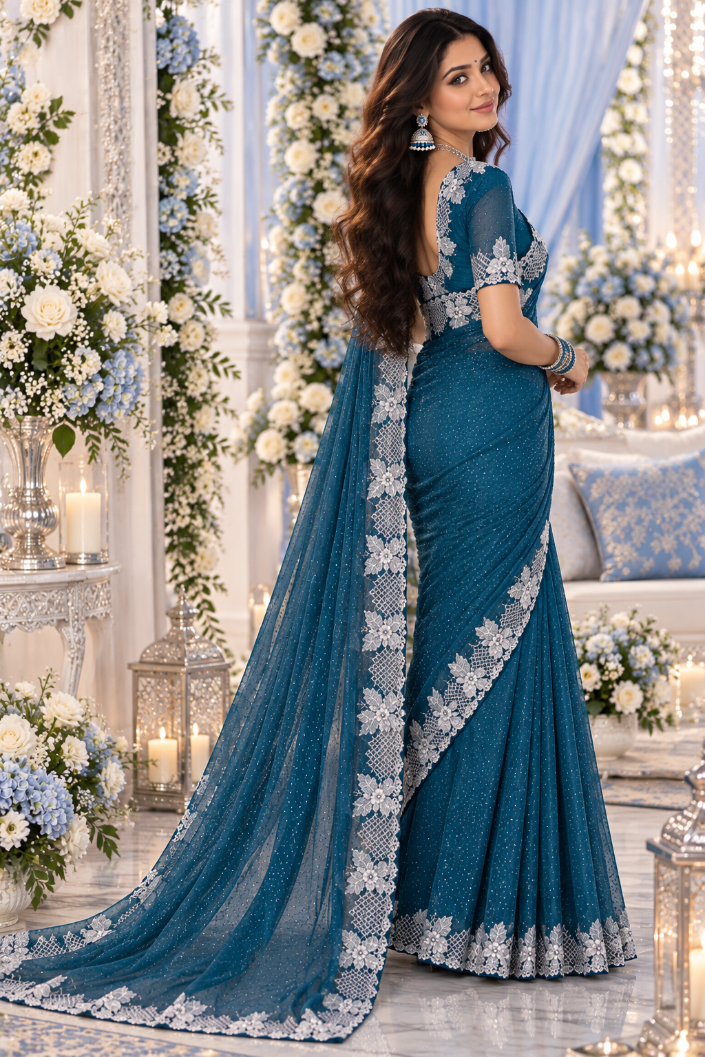 Bollywood désigner sari bleu avec des pierres argenté