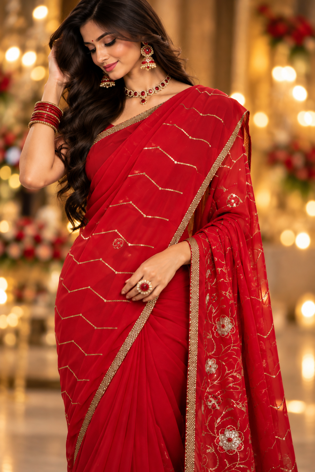 Indian sari rouge avec sequins sans blouse Image principale du produit