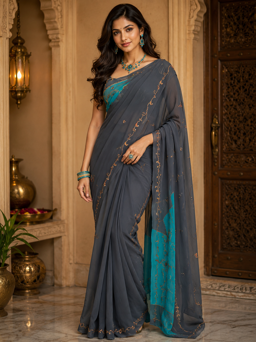 Bollywood désigner sari gris et bleu sans blouse Image principale du produit