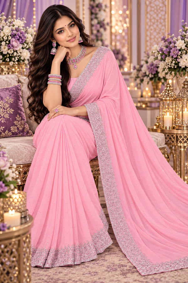 Bollywood désigner sari rose et argenté georgette